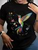 1pc Clothing Hummingbird Floral Print Black T Shirt, Shirts, White Top, Graphic Tees Women, Unisex Casual Crew Neck T Shirt, Lightweight 220gsm