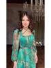 2024 Summer European & American Women's Color Block Print Elegant Long Dress - Slim Fit, Square Neck, Long Sleeves