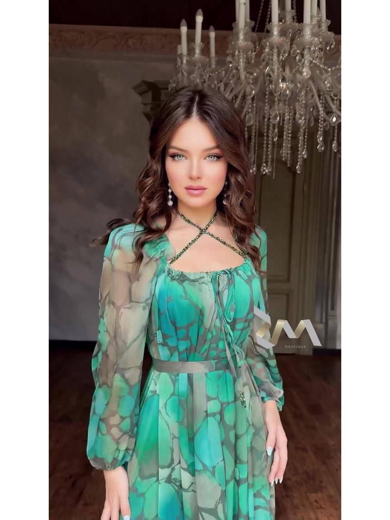 2024 Summer European & American Women's Color Block Print Elegant Long Dress - Slim Fit, Square Neck, Long Sleeves
