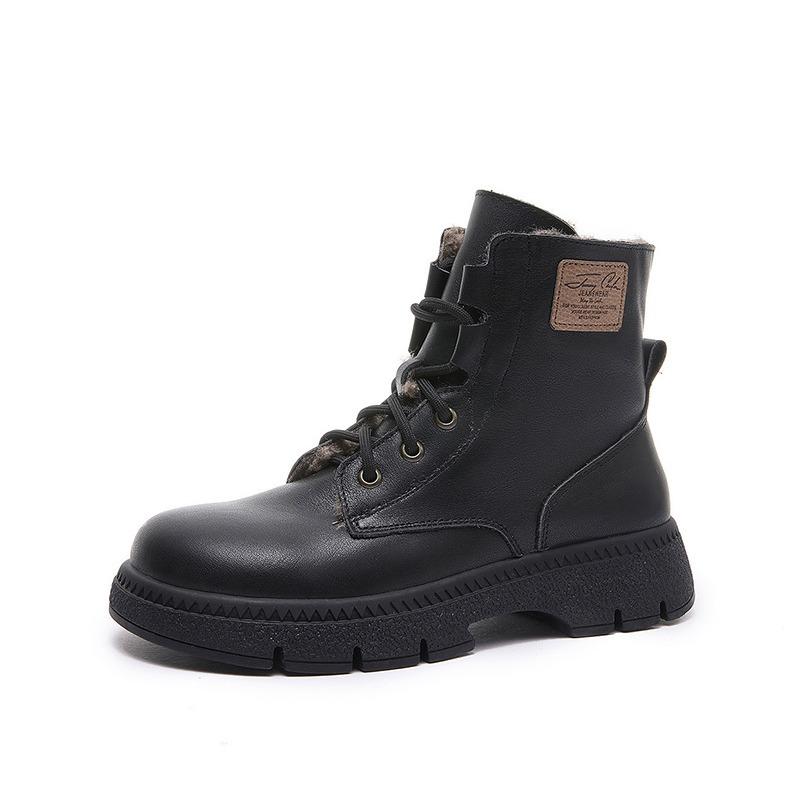 

Thick-soled Shoes, Warm Cotton Boots, Retro Round-toe Lace-up Side Zipper Fleece Women s Shoes 35 чорний