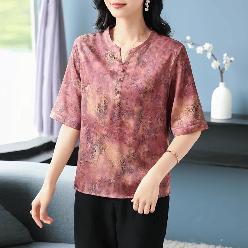 Mid-Age Women's New Chinese Style Printed Half-Sleeve T-Shirt