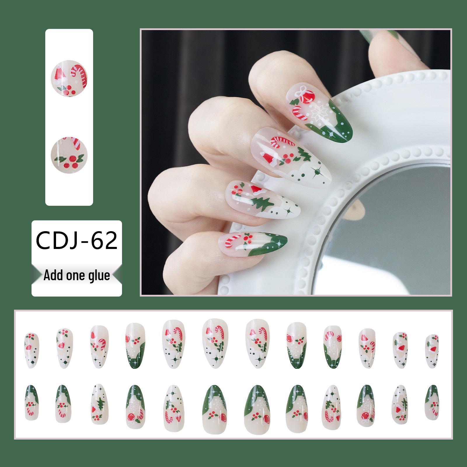 

Набор из 24 штук миндальных накладных ногтей среднего размера на Рождество: Красно-зеленые французские кончики с дизайном «Снежинка» и «Горошек»