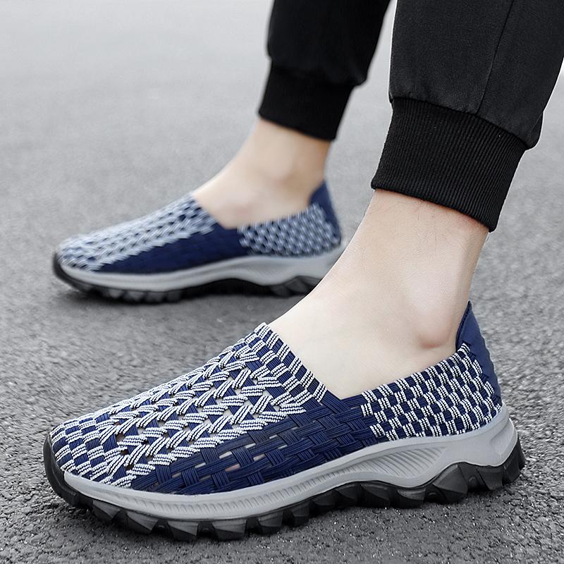 Summer Men Sneakers Braid Beach Shoes Casual Weave Blue Grey Breathable Slip on Flats Tennis Sneakers