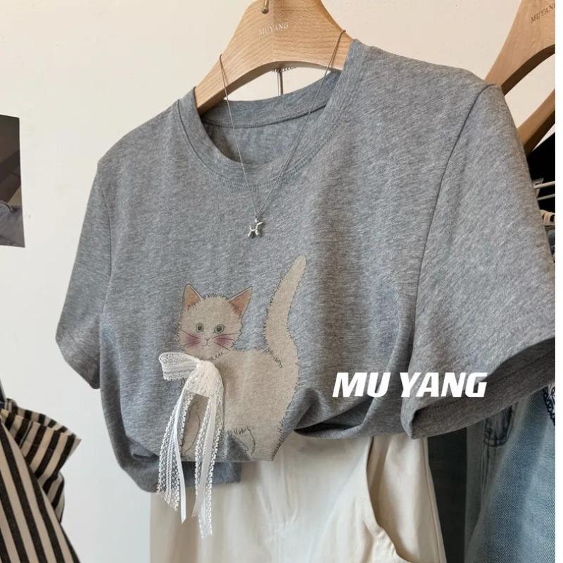 

Bow Ribbon Cat Print Short-sleeved Loose Simple T-shirt Women s Spring New Top 2XL сірий