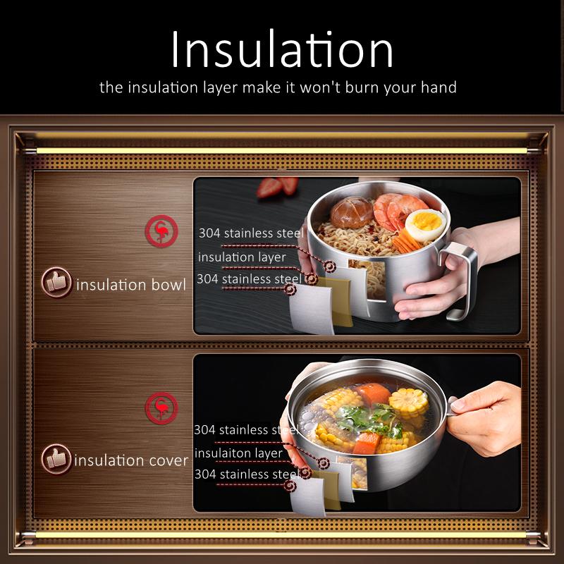 LFGB Certificate 304 Stainless Steel Instant Noodle Bowl 1100ml Meal Box Warm Keeping Insulation Ramen Bowl with 800ml Cover