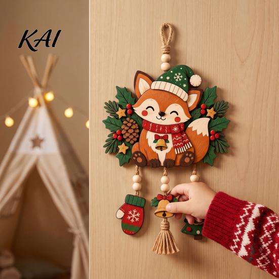 Holiday Party Supplies Christmas Fox Hanging Ornament, Wooden Cute Pendant with Glove Bell Tree Festive Decoration Charms, for Door Mantel Tree,