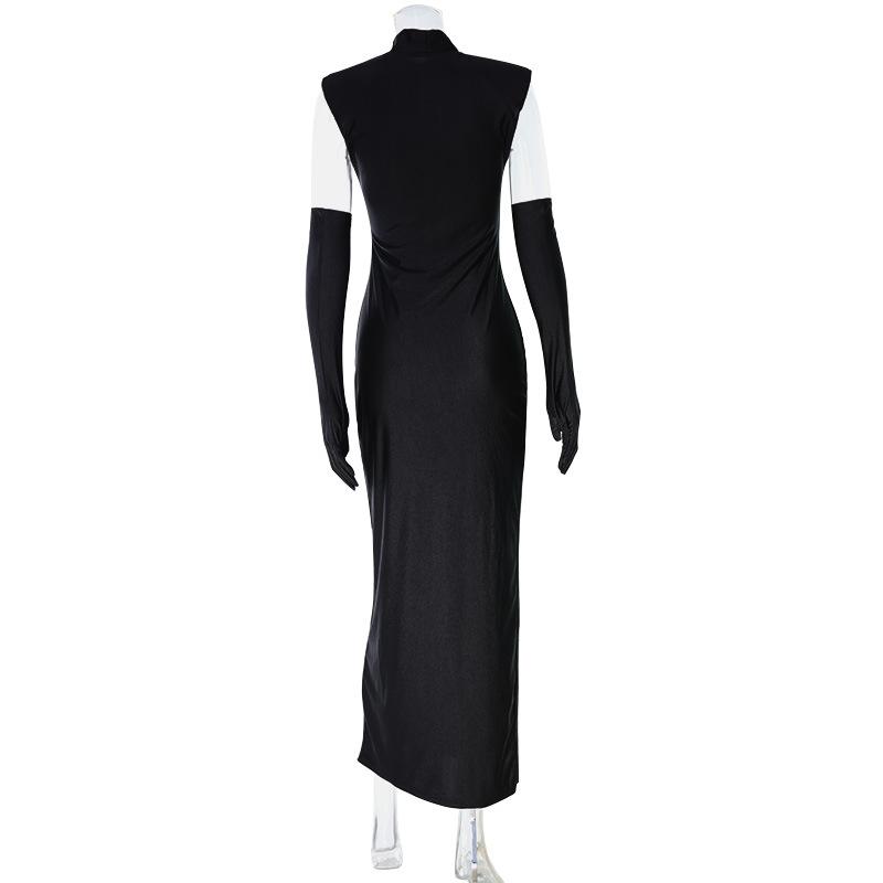 Women Solid Color High Split Slim Long Evening Prom Dress With Gloves