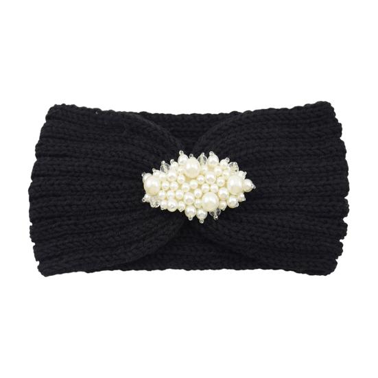 Knitted Headband Soft Stretchy Wide Band Hairband with Faux Pearl Headwrap Winter Hair Accents Solid Color