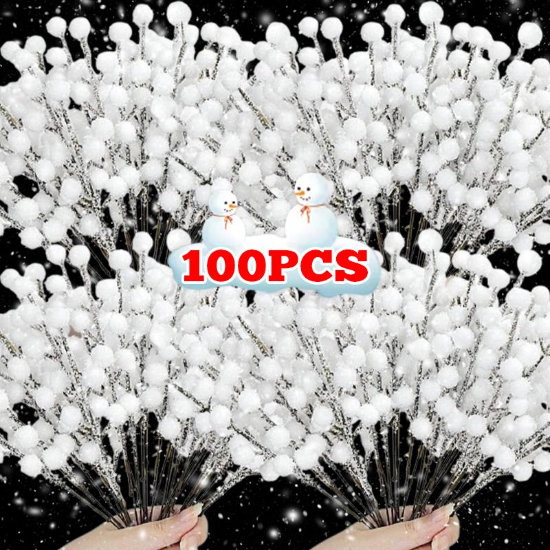100/5pcs Artificial White Holly Berries Stems Berry Picks for DIY Xmas Wreath Floral Arrangements Winter Holiday Xmas Tree Decor
