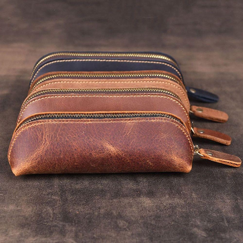 Cowhide Pencil Bag Retro Style Zipper Pen Case School Supplies Office Stationery Pen Storage Glasses Bag