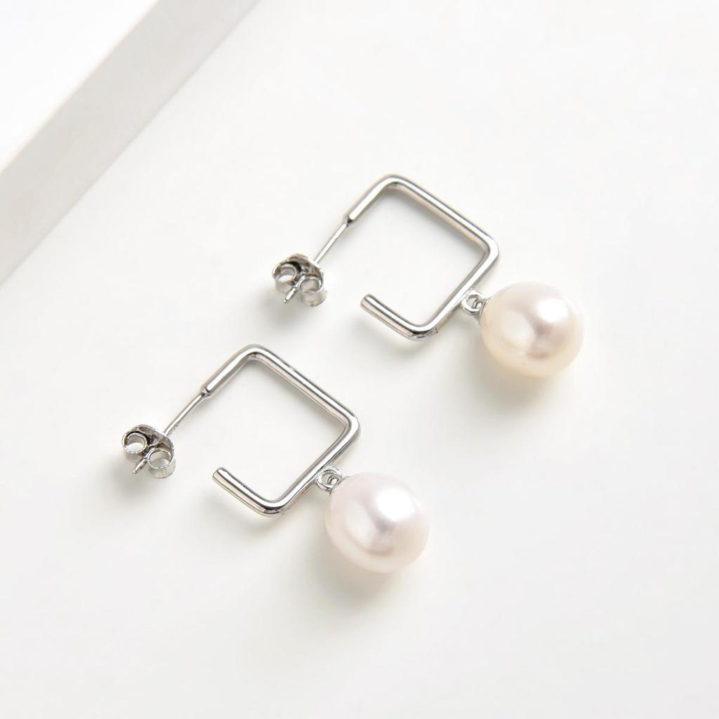 Korean Style Elegant Sterling Silver Pearl Geometric Dangle Earrings