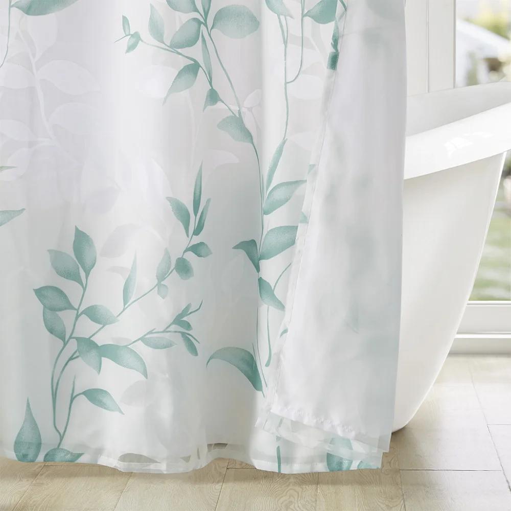 Cecily Botanical Curtain - Teal Leaves on White, 72x72", 12 Hooks, Quick-Dry, Machine Washable