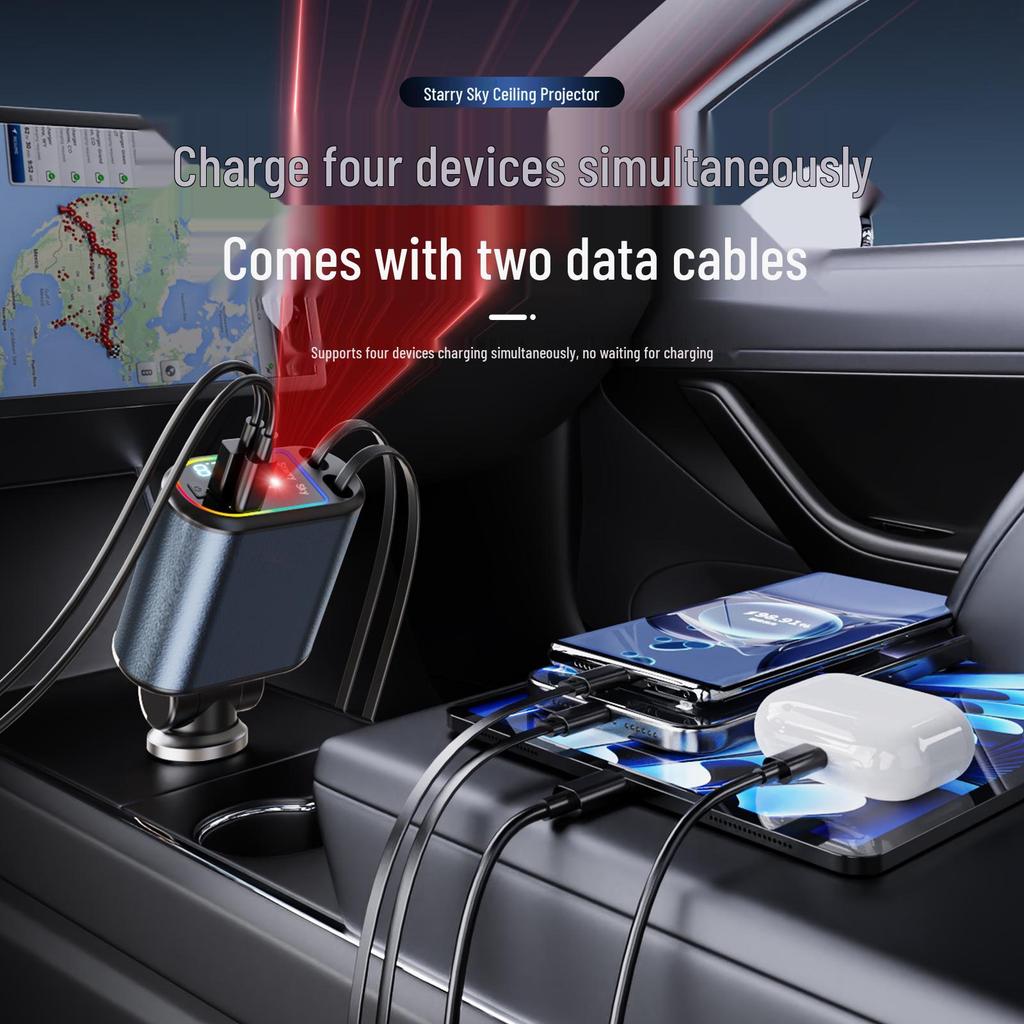 Dual USB Car Charger with Digital Display and Retractable Cable