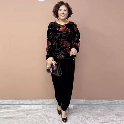 2pcs Pants Suits High-end Women's Velvet Printed Plus Size Blouse High-waist Velvet Pants Two-piece Round Neck Velvet T-shirt Fall Winter