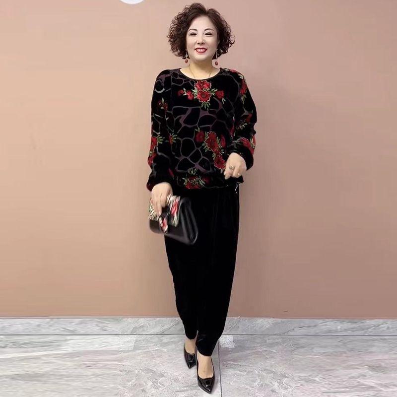 2pcs Pants Suits High-end Women's Velvet Printed Plus Size Blouse High-waist Velvet Pants Two-piece Round Neck Velvet T-shirt Fall Winter