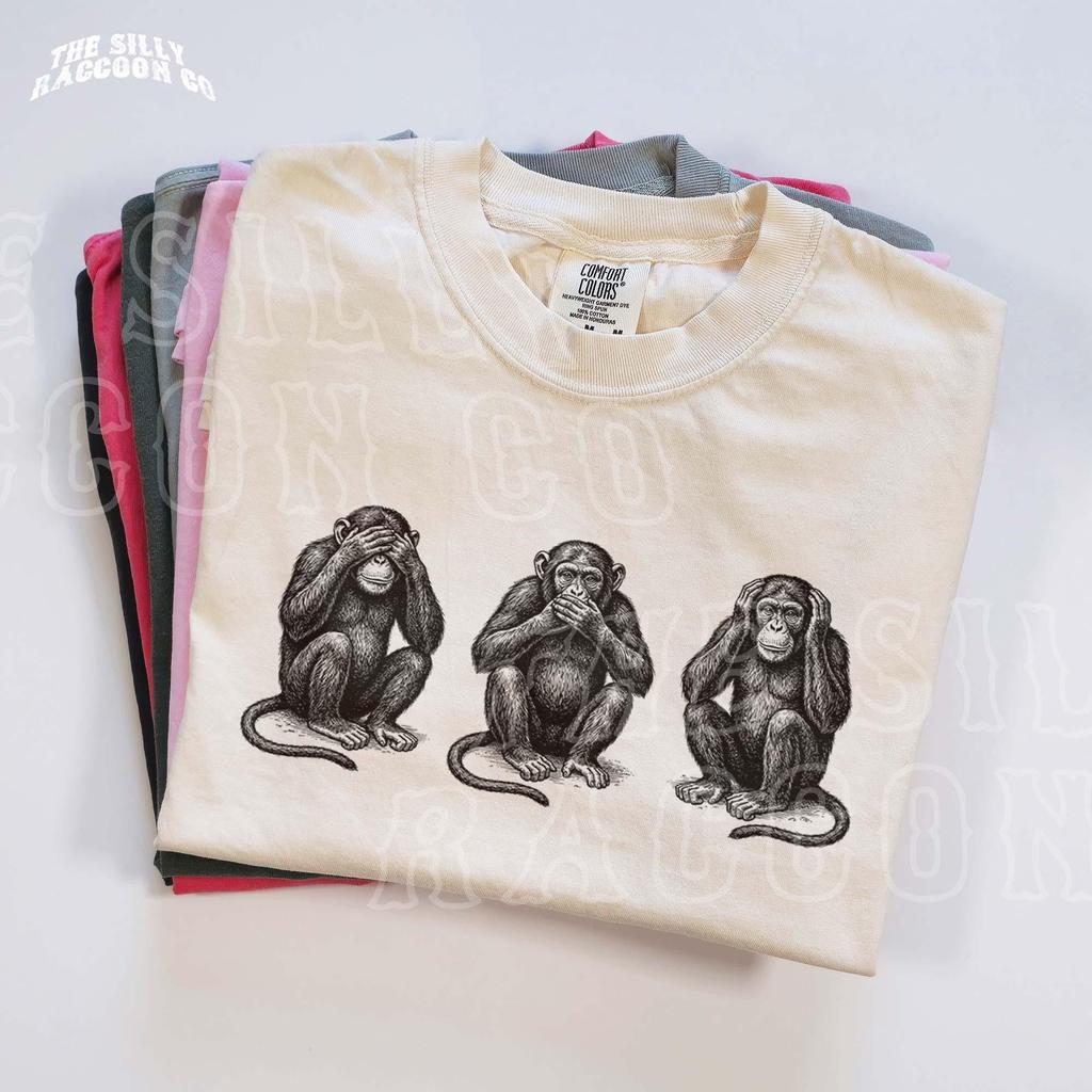 T-shirt Tre Scimmie Sagge Grafica Primate Vintage Non Vedere Non Sentire Non Parlare Male Regalo per Amante degli Animali