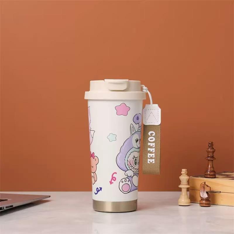 Labub 304 stainless steel thermos cup cartoon pattern portable lily of the valley cup girls high value with straw fashion