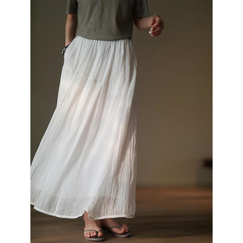 Lightweight Retro Linen Flowy Long Skirt with Elastic Waist
