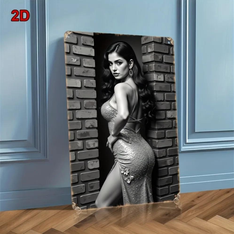 Vintage Metal Tin Sign Shiny Dress Lady Brick Wall Art for Bar Cafe Home