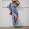Women's Dress Summer V Neck Lantern Sleeve Waist Dresses Seaside Holiday Bohemian Style Beach Dresses