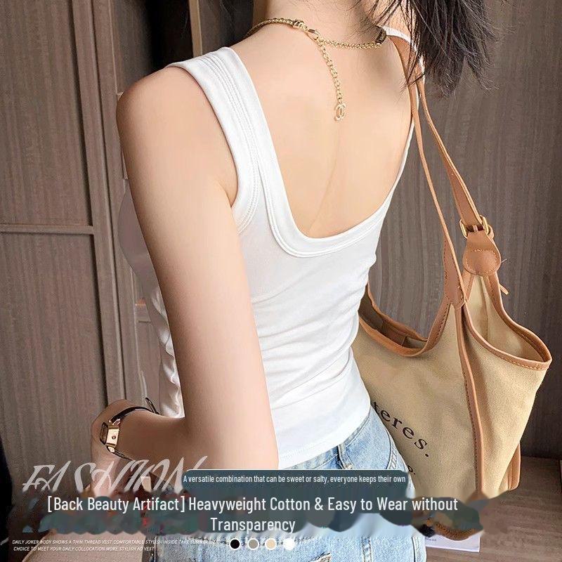 Douyin Women's Cotton Camisole: Threaded, Sleeveless, Slim Fit, Side Coverage Vest to Prevent Exposure