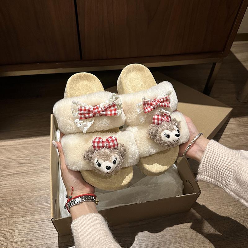 Sweet and cute Shirley Rose cotton slippers women's home winter non-slip soft-soled plush slippers flat-soled fluffy shoes