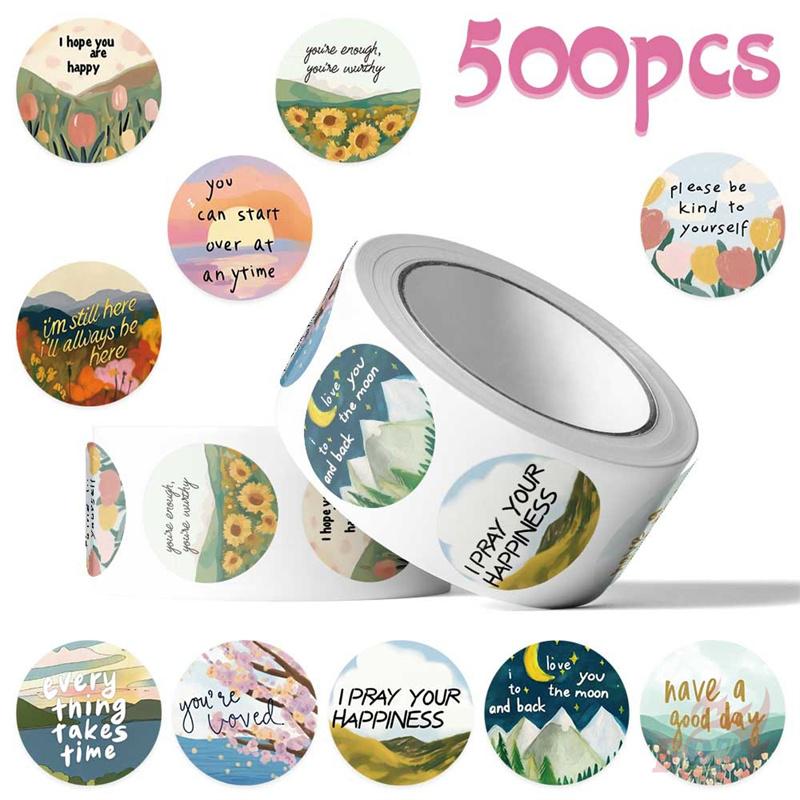 500Pcs/Roll Healing Scenery. Encouraging Words Kids Rewards Stickers - DIY Scrapbooks Album Decor Sealing Label Decals