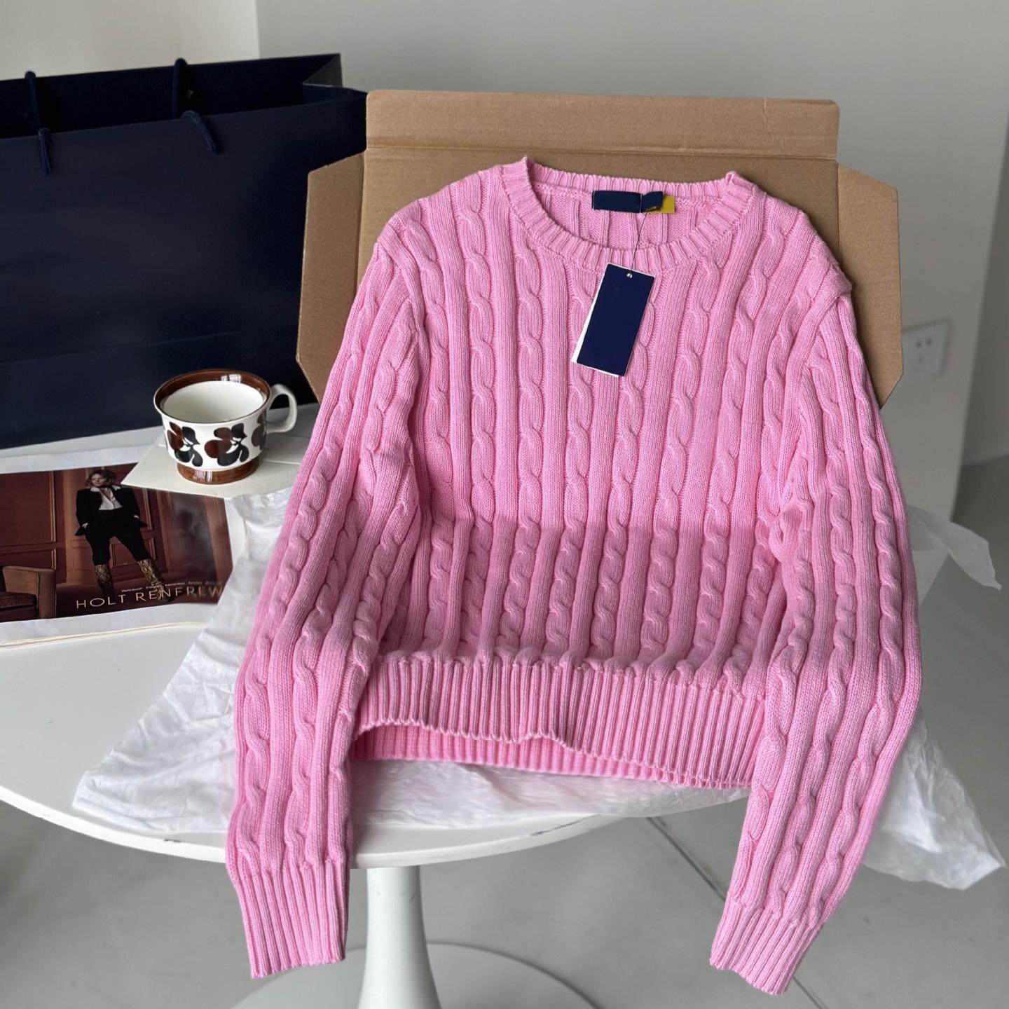 Pony-Logo Bestickter Klassischer Zopfstrickpullover - Herbst/Winter Rundhals-Pullover Large pink