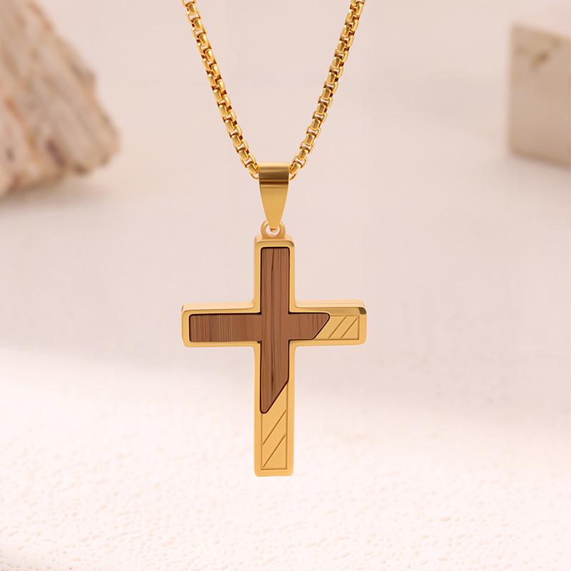 Bestselling Men's Two-Tone Wooden Cross Titanium Steel Dog Tag Necklace