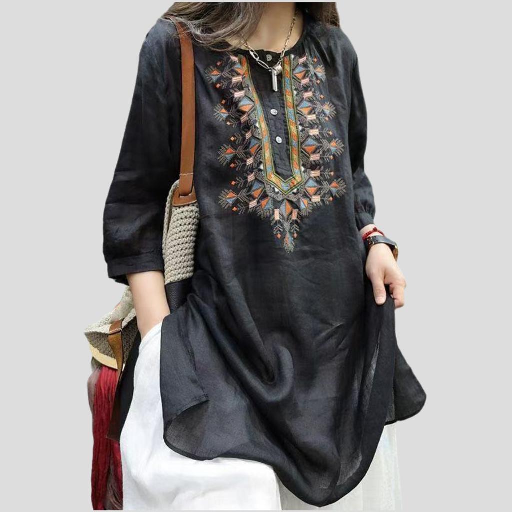 Vintage Summer Women's Cotton Linen Blouse Embroidered Loose Oversized Shirt Round Neck T-Shirt