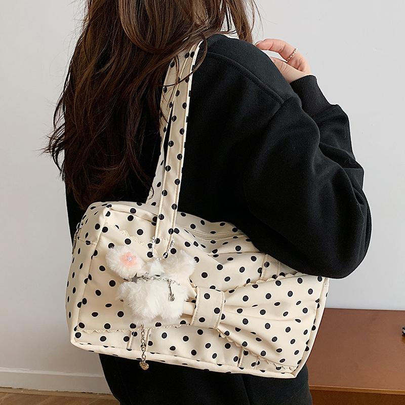 Japanese Cute Polka Dot Shoulder Bag High-quality Bow Square Bag BlackWhite Blocking Handbag Zipper Commute Storage Shopping Bag
