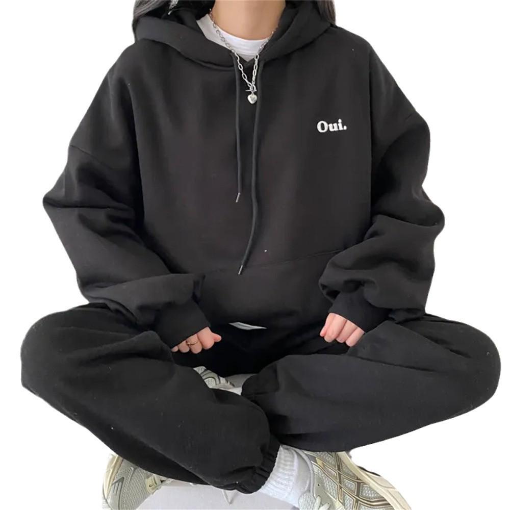 Women's Loose Sportswear Set: Solid Color, Plus Velvet, Korean Fashion, Two-Piece for Spring & Autumn Winter