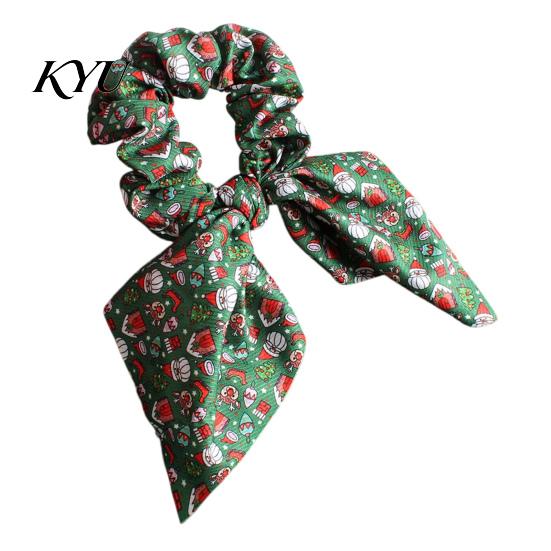 Christmas Hair Scrunchies for Women Girls, Elastic Ponytail Holders with Ribbon Bow, Decorative Wrist Soft Fabric Ties Holiday Party Accessories