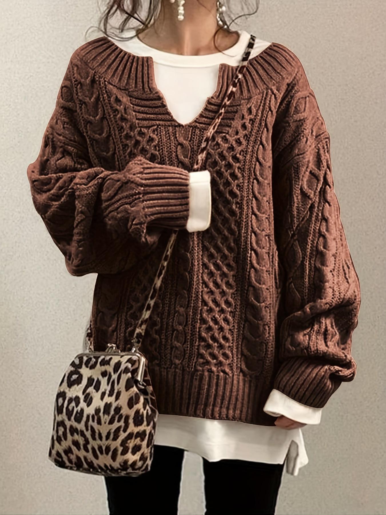 

Women s Retro V-Neck Cable Sweater - Casual Chic Long Sleeve Fall Winter Top, Soft Brown Solid Color, Hand Wash/Dry Clean, Cute Sweater 3XL