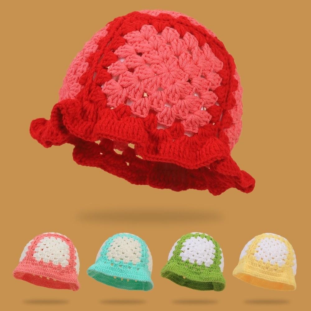 Sunflower Patterned Fisherman Hat Lotus Leaf Edge Handmade Knit Hat Autumn Winter Outings