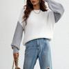 Women's Round Neck Color Block Patchwork Long Sleeve Knit Sweater Pullover Sweater