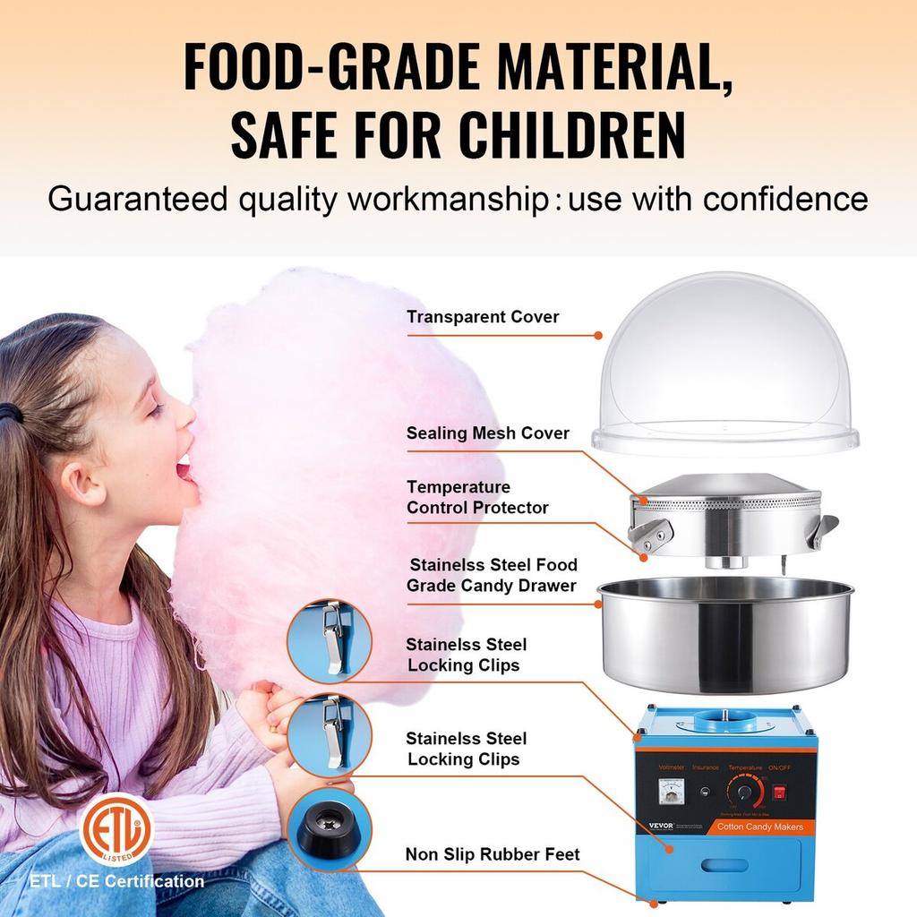 Electric Cotton Candy Machine, 1000W Candy Floss Maker, Commercial Cotton Candy Machine with Cover, Stainless Steel Bowl, Sugar Scoop, Drawer, Perfect