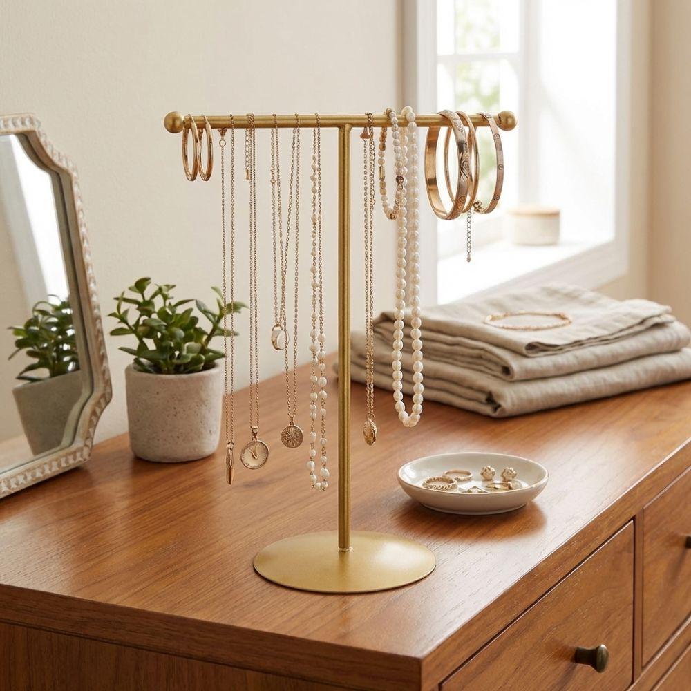 Horizontal Bar T-Shaped Stand Metal Frame Jewelry Storage Rack Necklace Holder  Window Showcase