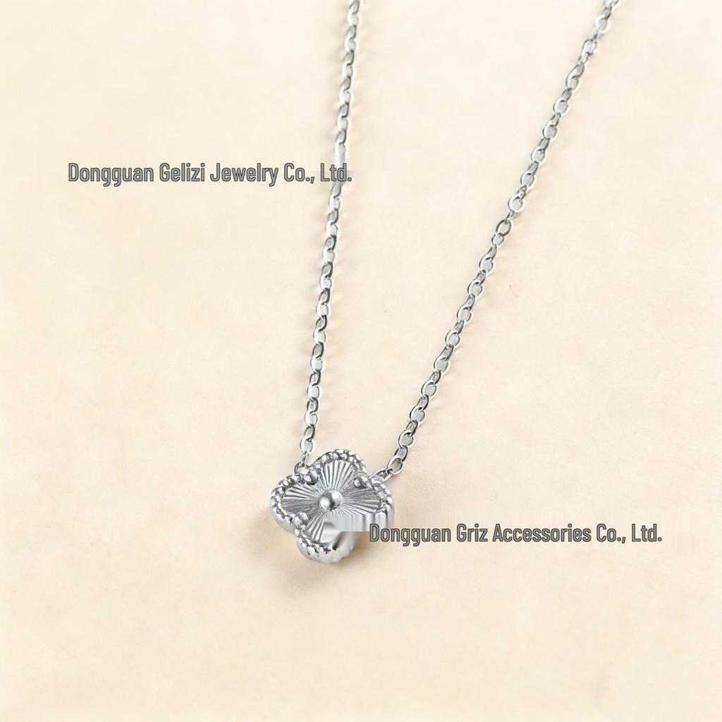 18K Engraved Stainless Steel Four-Leaf Clover Jewelry Set: Necklace, Bracelet, and Earrings