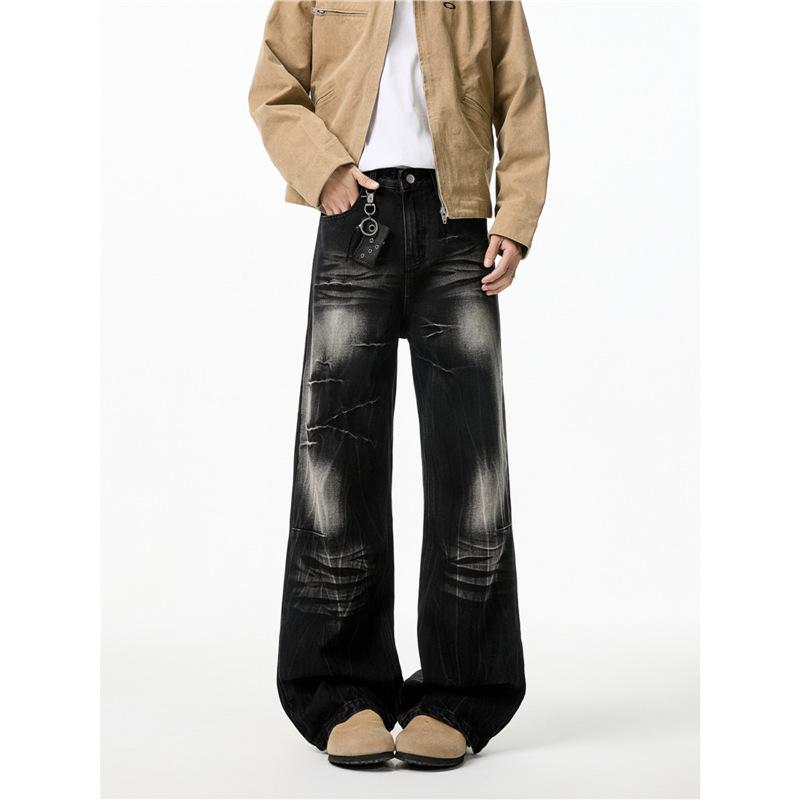 American high street washed cracked jeans men's and women's spring new retro old straight versatile casual pants