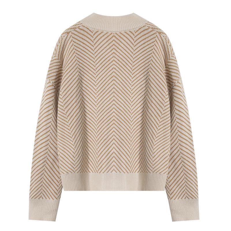 V-Neck Diamond Stripe Knit Cardigan Jacket - Autumn/Winter Loose Fit Women's Forest Style