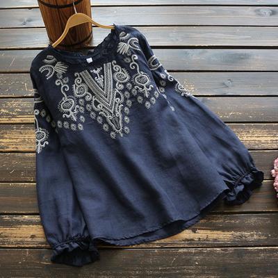 Women's Oversized Loose Ethnic Style Embroidered Round Neck T-shirt Women's Spring Autumn Top Shirt Women's Shirt