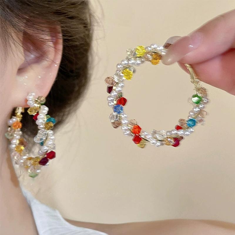 Y2K Colored Bead Crystal Pearl Exaggerated Hoop Earrings for Women Luxury Round Irregular Earring High-End Travel Accessory Gift