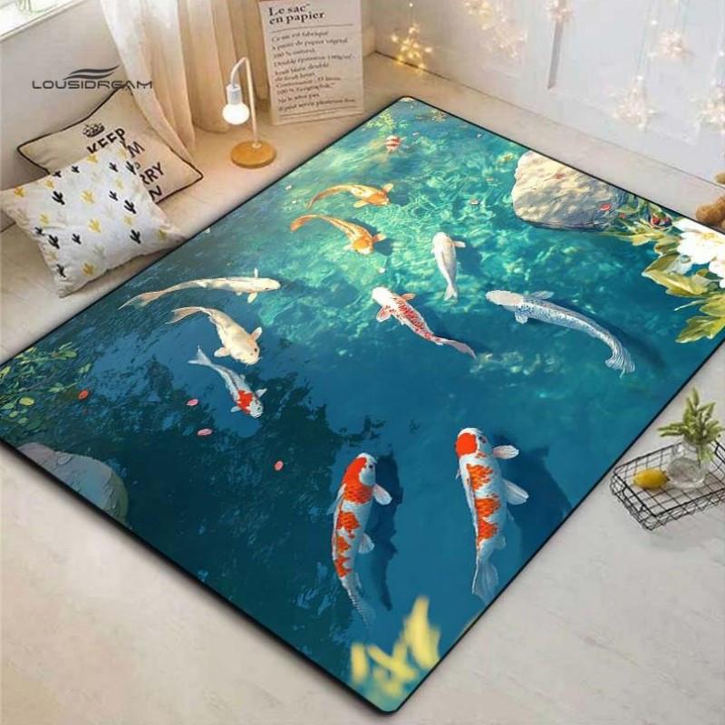 1pc Colorful Koi Fish Swimming Pattern Printed Area Rug, Creative Polyester Carpet, Soft and Comfortable for Bedroom, Office, Li