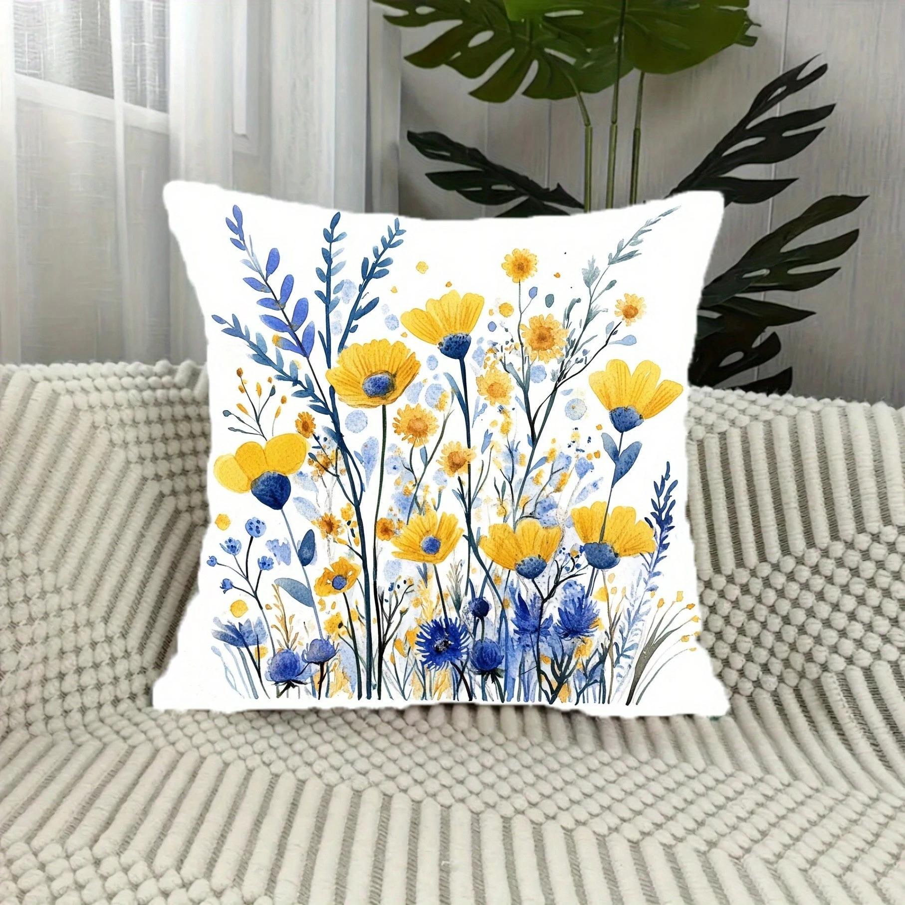 Exquisite Ornaments Unisex Blue/Yellow Wildflower Pillow Cover Watercolor Floral Print Boho Botanical Cushion Case For Sofa Bed Couch Spring Home Decor