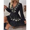 Small Western Style Spring/Summer New Fashion Deep V-neck Embroidery Black Waist Hugging Long sleeve dress Skirt DRESS