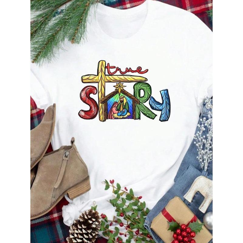 (European Size) New Year Holiday Lovely Trend 90s Tee Merry Christmas Top Festival Casual Women Print Lady Short Sleeve Fashion Graphic T-shirts