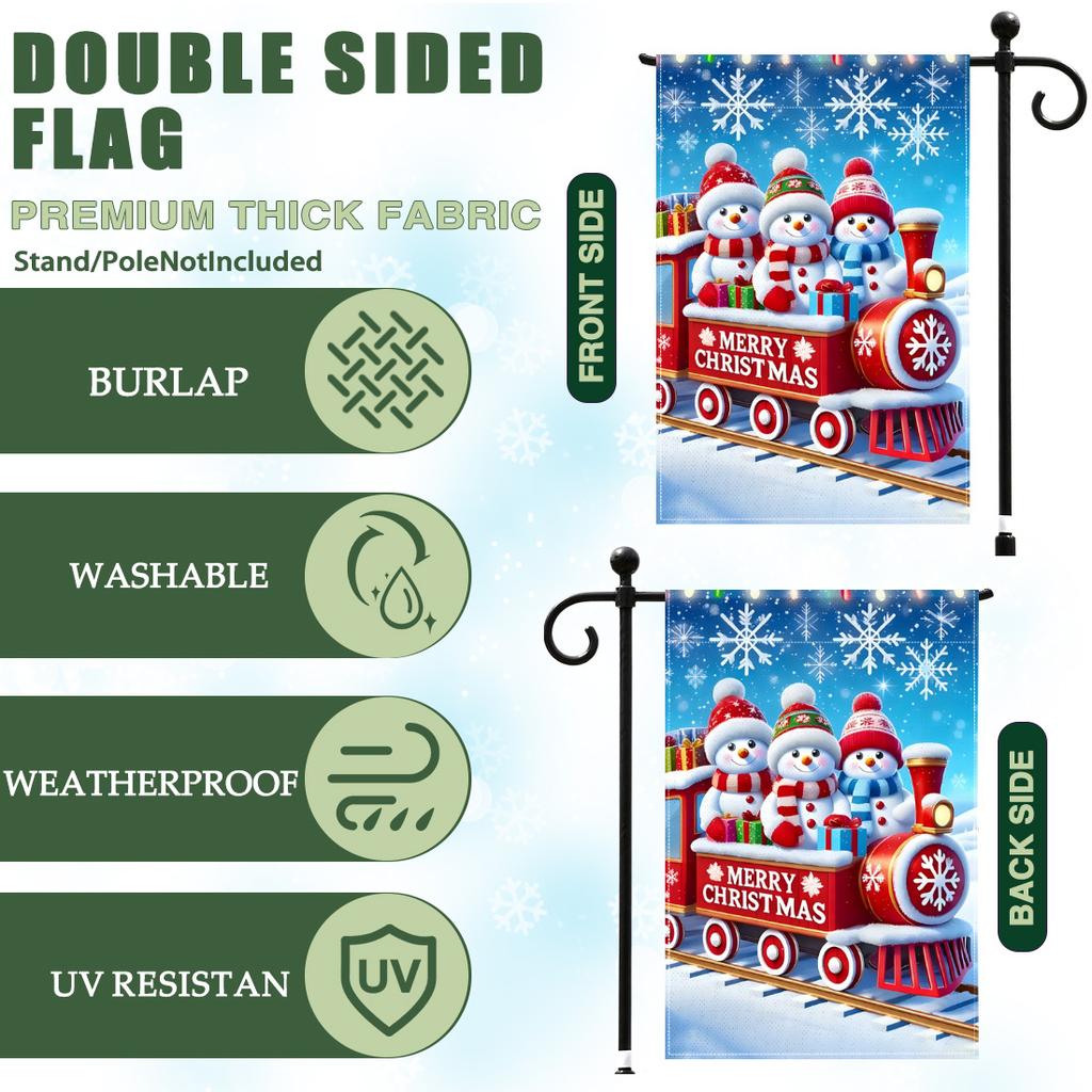 Christmas snowman trainGarden Flag 12x18 Inch Double Sided for Courtyard Outdoor Welcome Flag Decoration (Excluding flagpole)