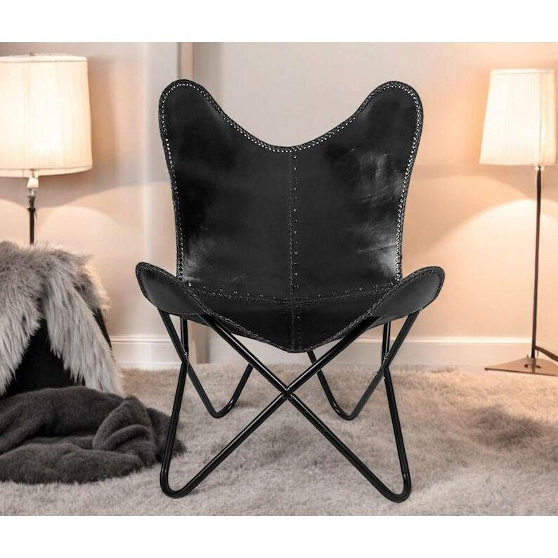 Black Leather Butterfly Chair Living Room Relaxing Accent Chair Foldable Armrest Handmade Chair Home Decor Retro Butterfly Chair Gifts