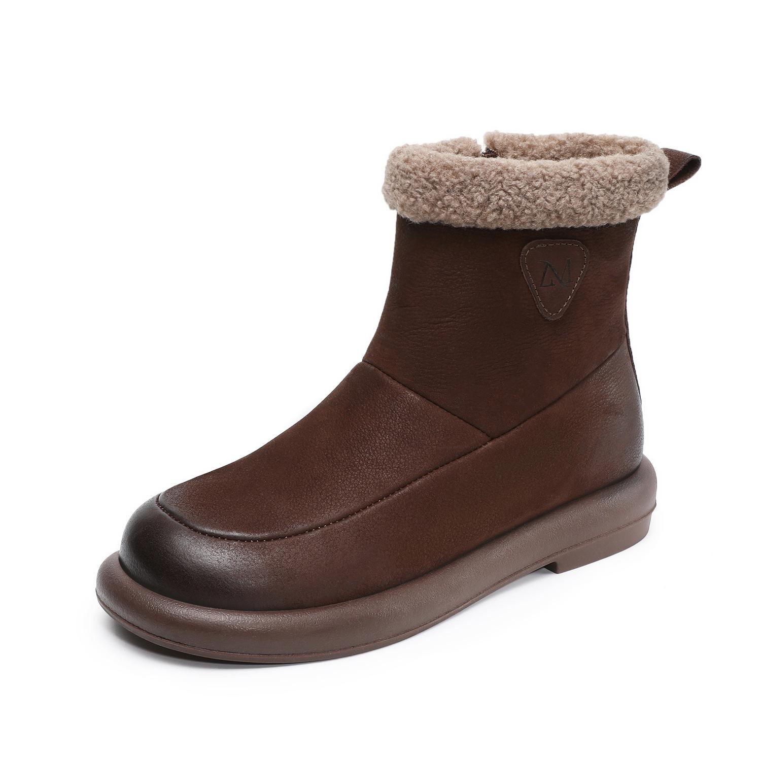 

Johnature Genuine Leather Flat Plush Warm Short Boots Retro Round Toe Side Zipper Women s Shoes 40 коричневий